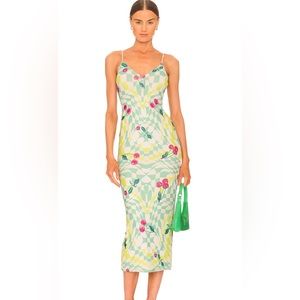 NWT AFRM Amina Mesh Midi Slip-dress in Mint Cherry Print.